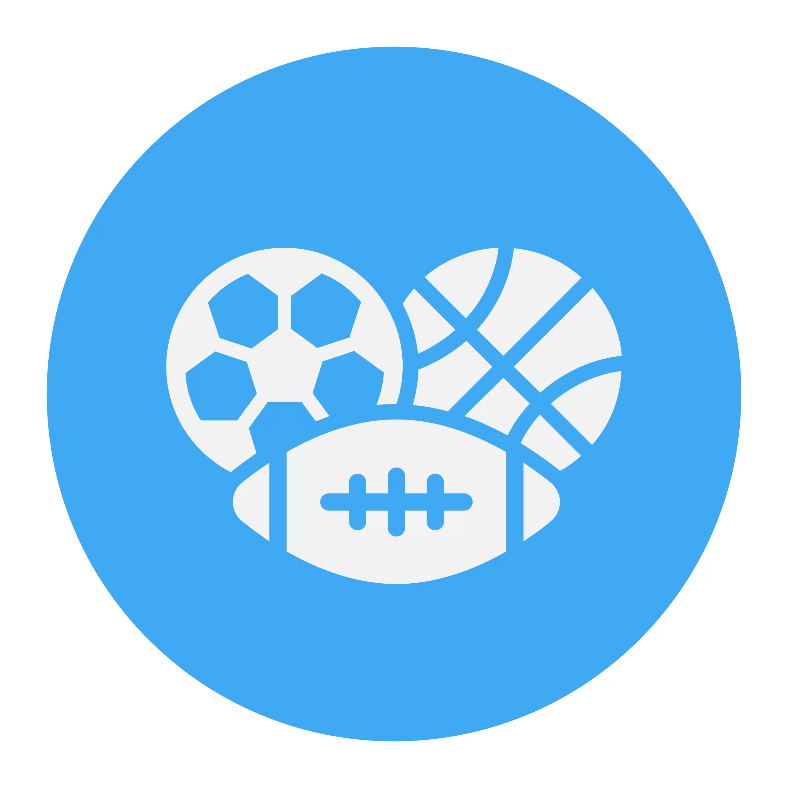 Blue circular icon with white soccer ball, basketball, and American football graphics.