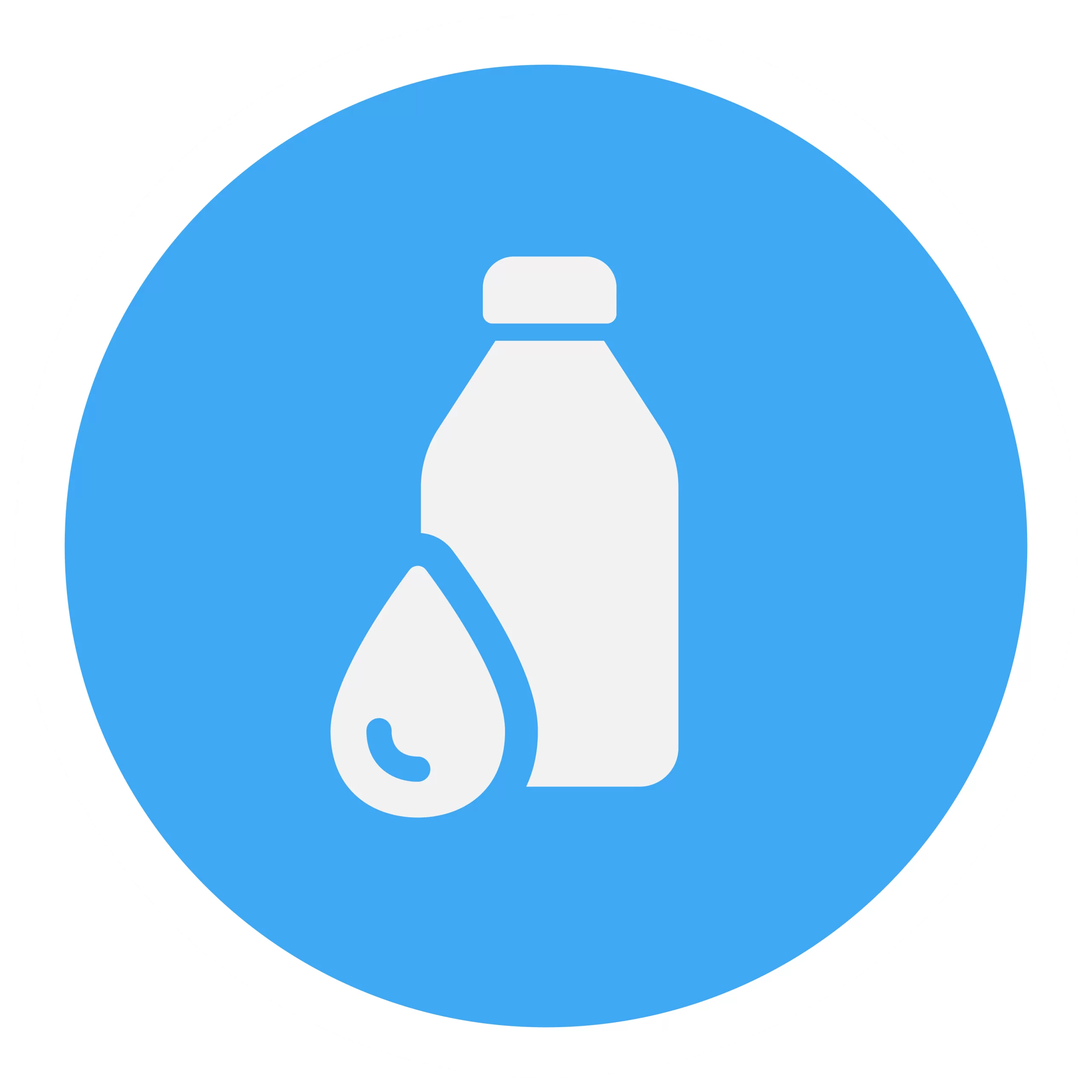 Icon of a water bottle and droplet against a blue circular background.
