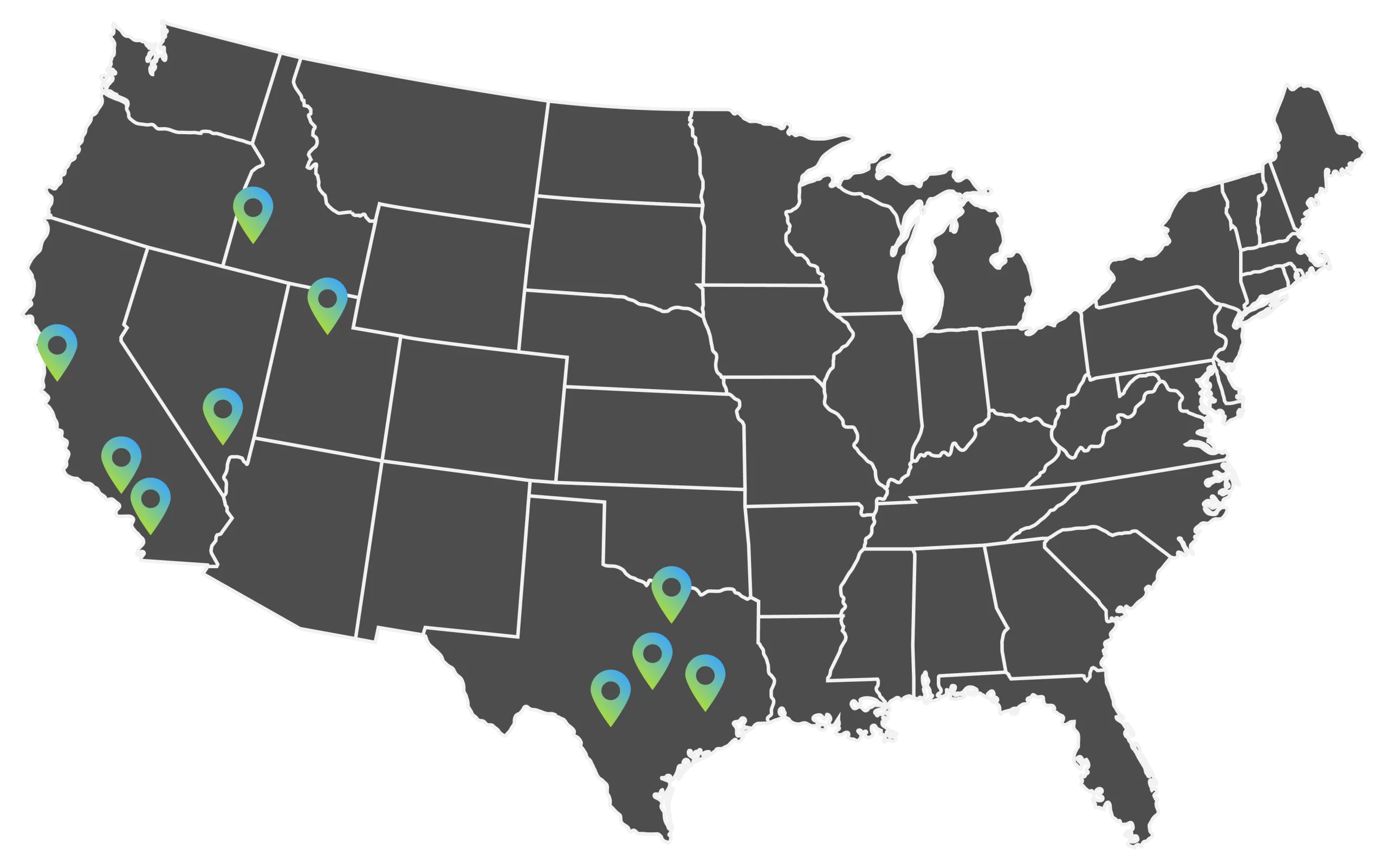 A gray map of the United States highlighting locations in Texas, California, Nevada, Utah, and Idaho.